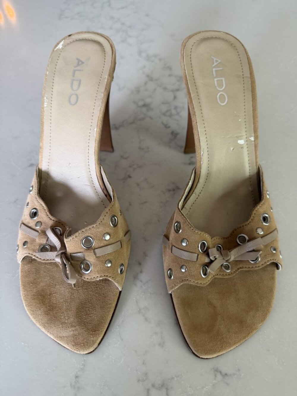 ALDO Women's 'Zaneta' Tan Suede Peep Toe Mule Sandals w Grommets Size 8 NEW
